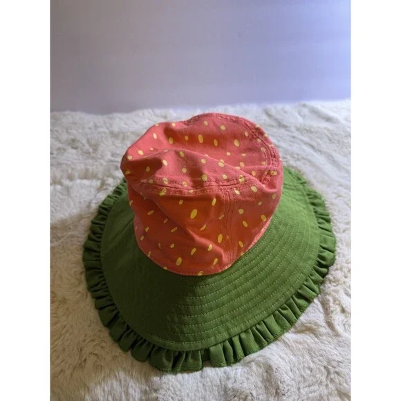 Strawberry Bucket Sun Hat Pink Green Ruffle Excellent Cute Feminine Girly - Picture 2 of 6